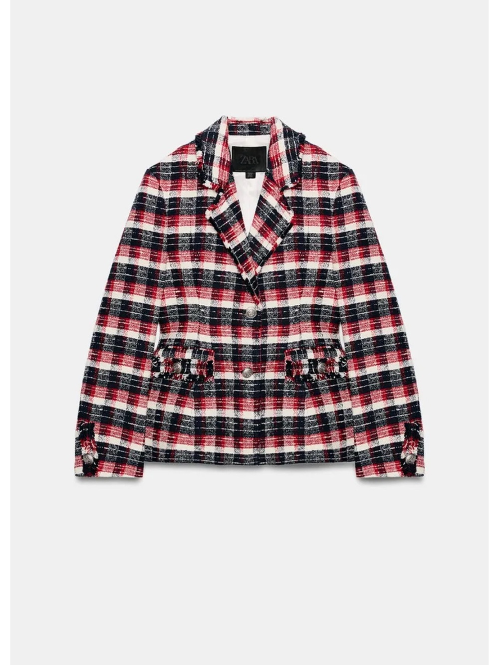 ZARA Red, Black & White Plaid Tweed Blazer